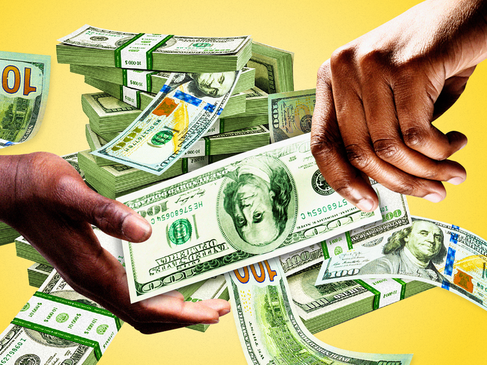 A Black person's hand handing money to another Black person's hand with a pile of money behind them on a yellow background