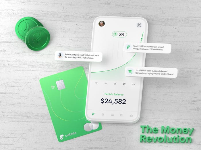 A product shot of Pebble, a crypto banking mobile app and Pebble-branded debit card