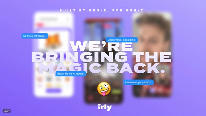 Pitch deck slide saying "We're bringing the magic back" with blurred iPhone screenshots in the background