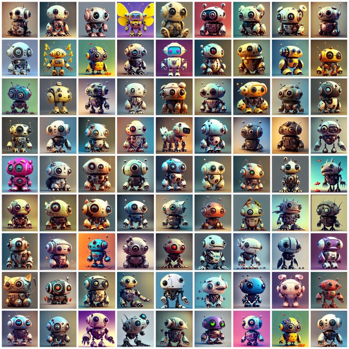 A 9x9 grid of small AI generated robots in different colors and shapes